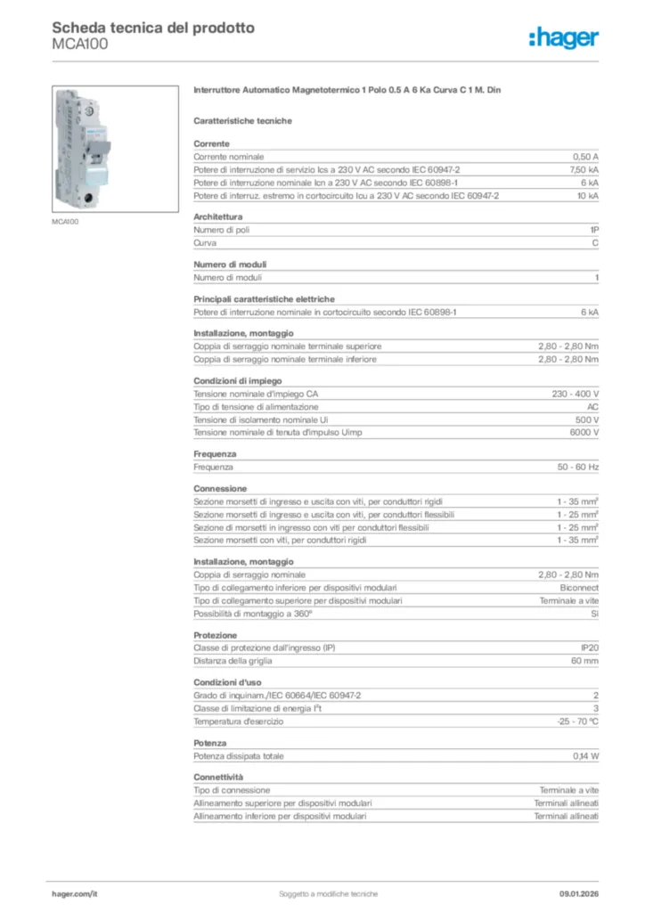 Immagine Hager Scheda tecnica del prodotto MCA100 | Hager Italia