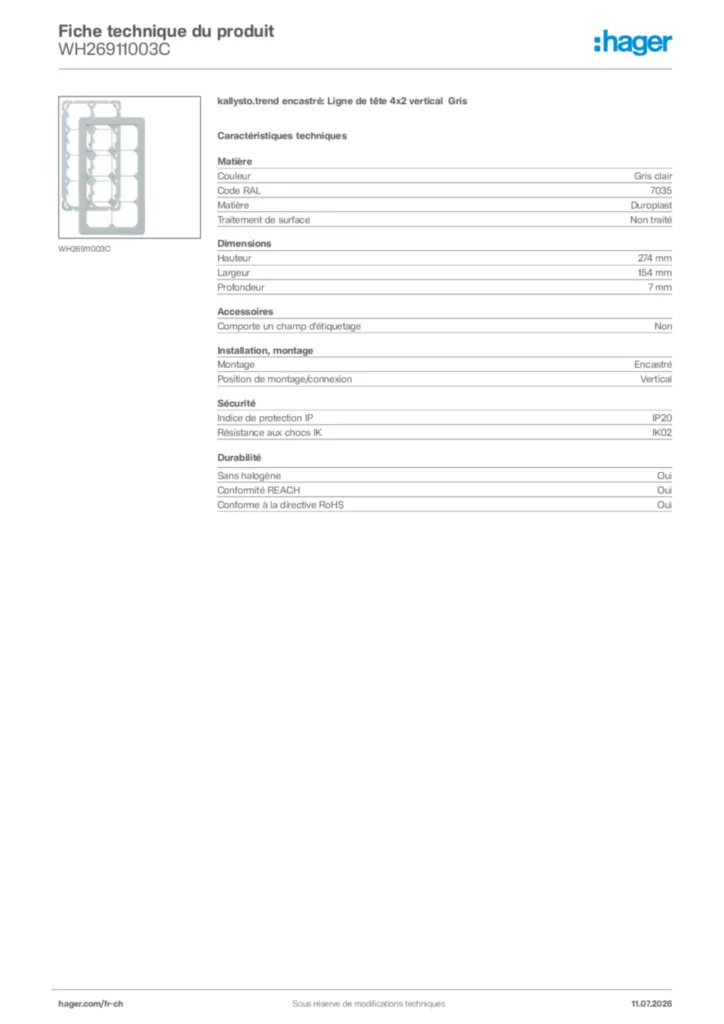 Image Hager Fiche technique du produit WH26911003C | Hager Suisse