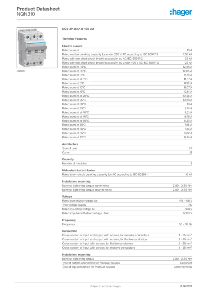 Image Hager Product data sheet NQN310  | Hager Africa