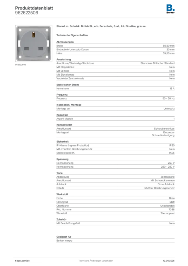 Bild Berker Produktdatenblatt 962622506 | Hager Deutschland