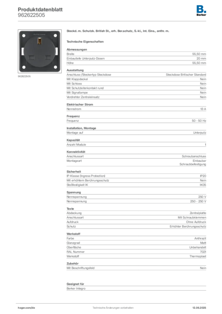 Bild Berker Produktdatenblatt 962622505 | Hager Deutschland