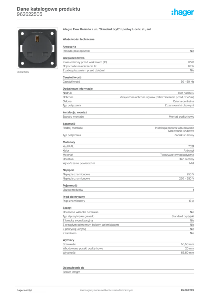 Zdjęcie Hager Karta katalogowa 962622505 | Hager Polska