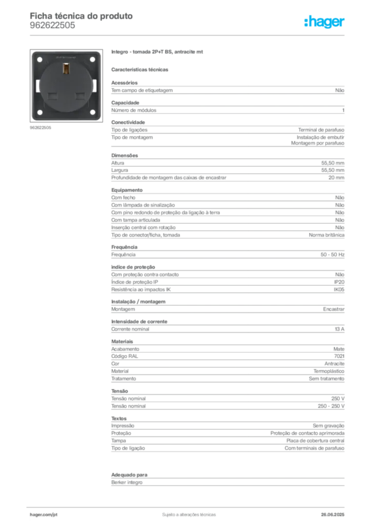Imagem Hager Ficha técnica do produto 962622505 | Hager Portugal