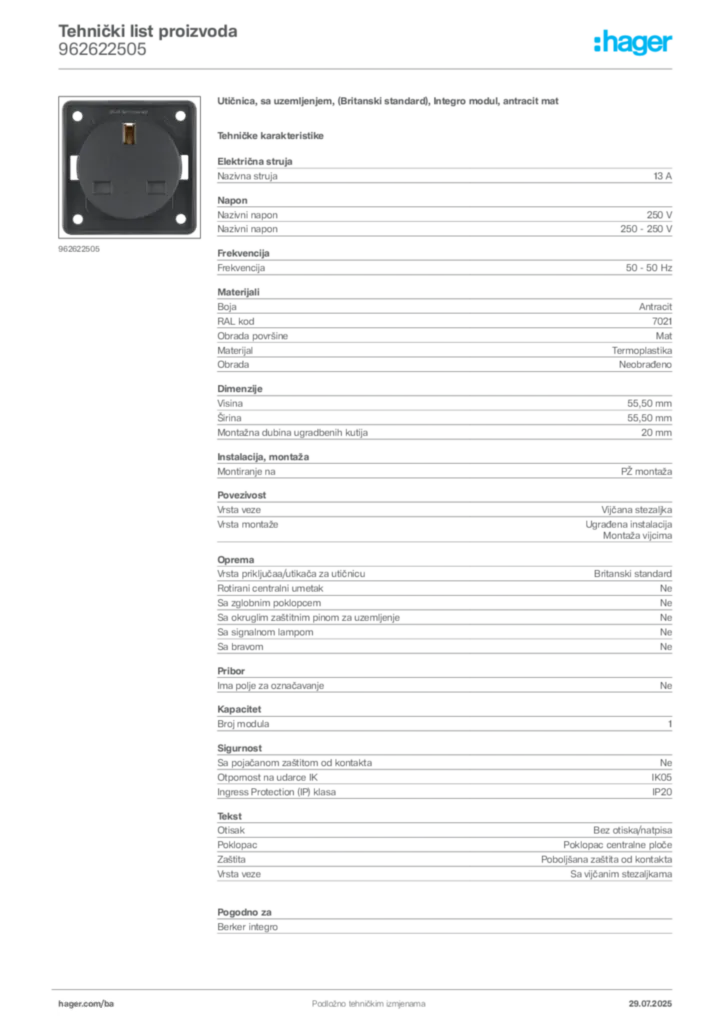 Slika Hager Product data sheet 962622505  | Hager
