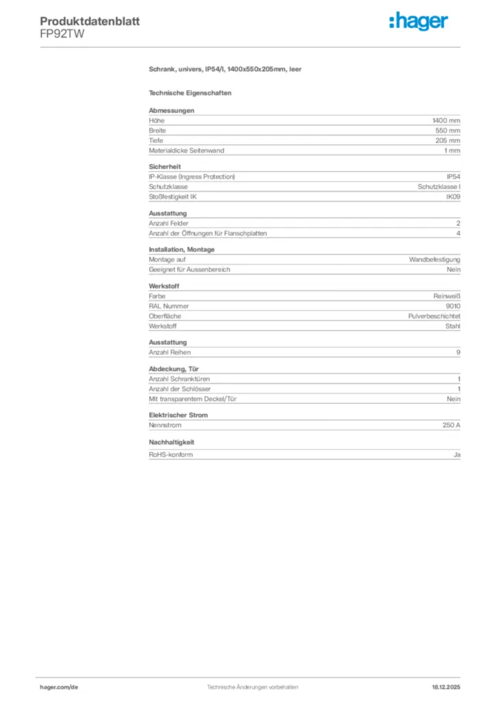Bild Hager Produktdatenblatt FP92TW | Hager Deutschland