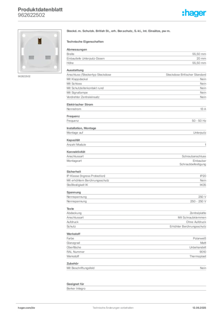 Bild Berker Produktdatenblatt 962622502 | Hager Deutschland