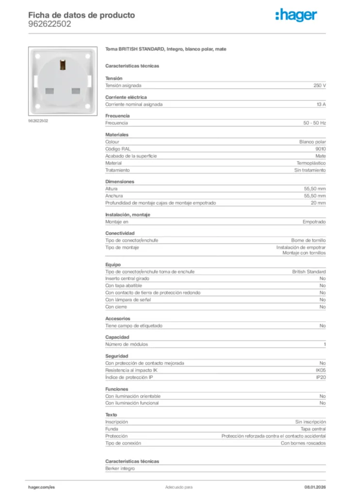 Imagen Hager Ficha de datos de producto 962622502 | Hager España