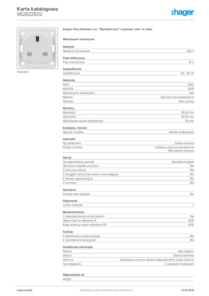 Zdjęcie Hager Karta katalogowa 962622502 | Hager Polska
