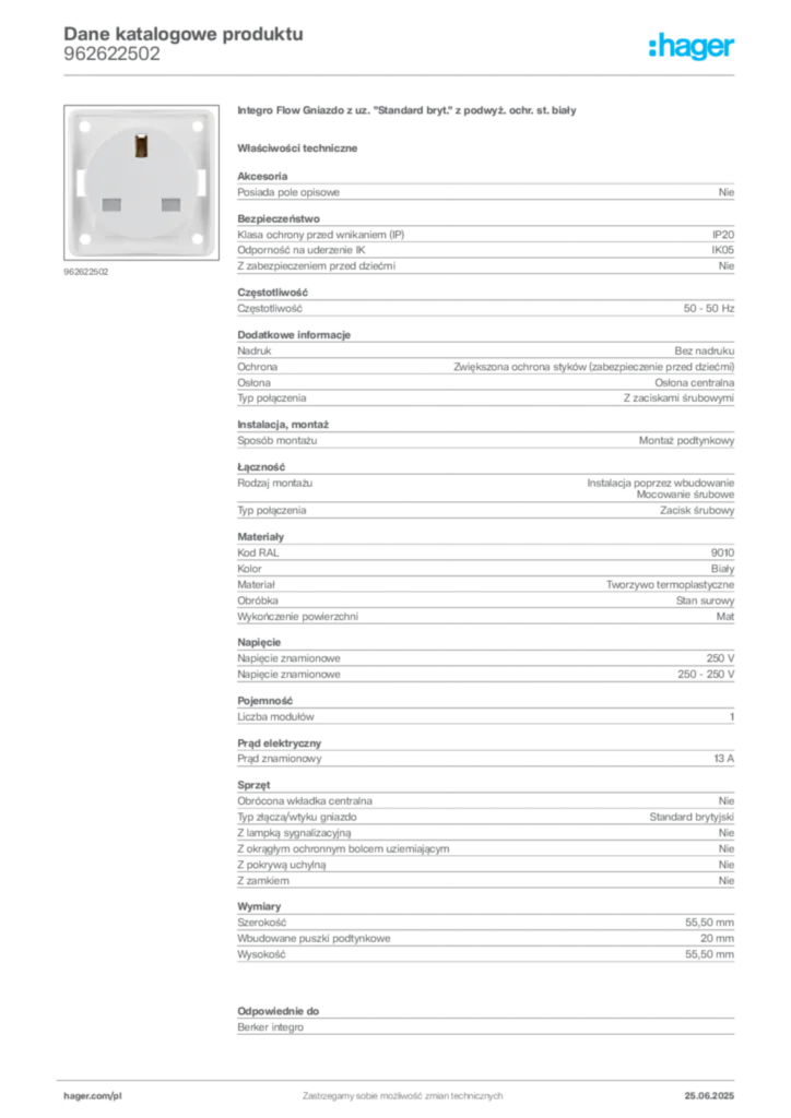 Zdjęcie Hager Karta katalogowa 962622502 | Hager Polska