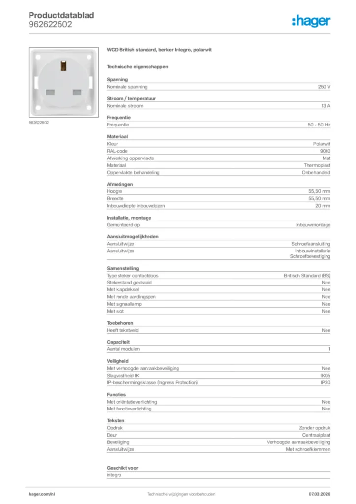 Afbeelding Hager Productdatablad 962622502 | Hager Nederland