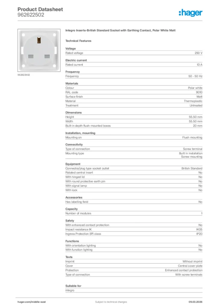 Image Hager Product data sheet 962622502  | Hager