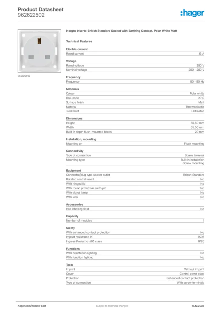 Image Hager Product data sheet 962622502  | Hager