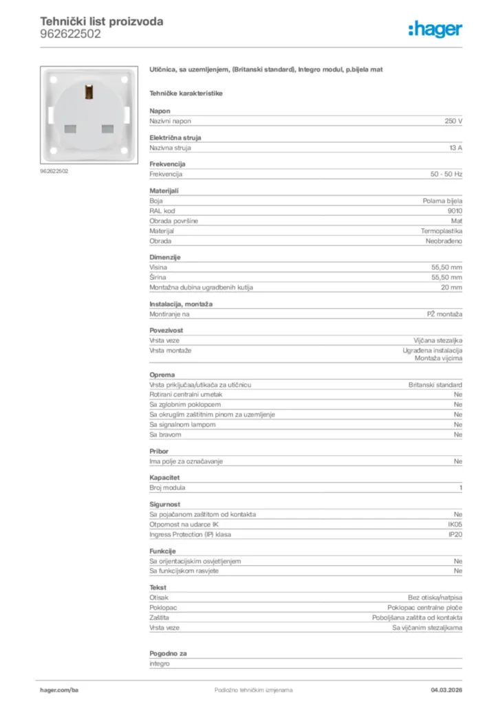 Slika Hager Tehnički list proizvoda 962622502  | Hager
