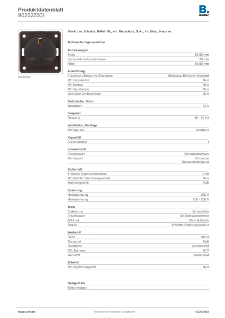 Bild Berker Produktdatenblatt 962622501 | Hager Deutschland