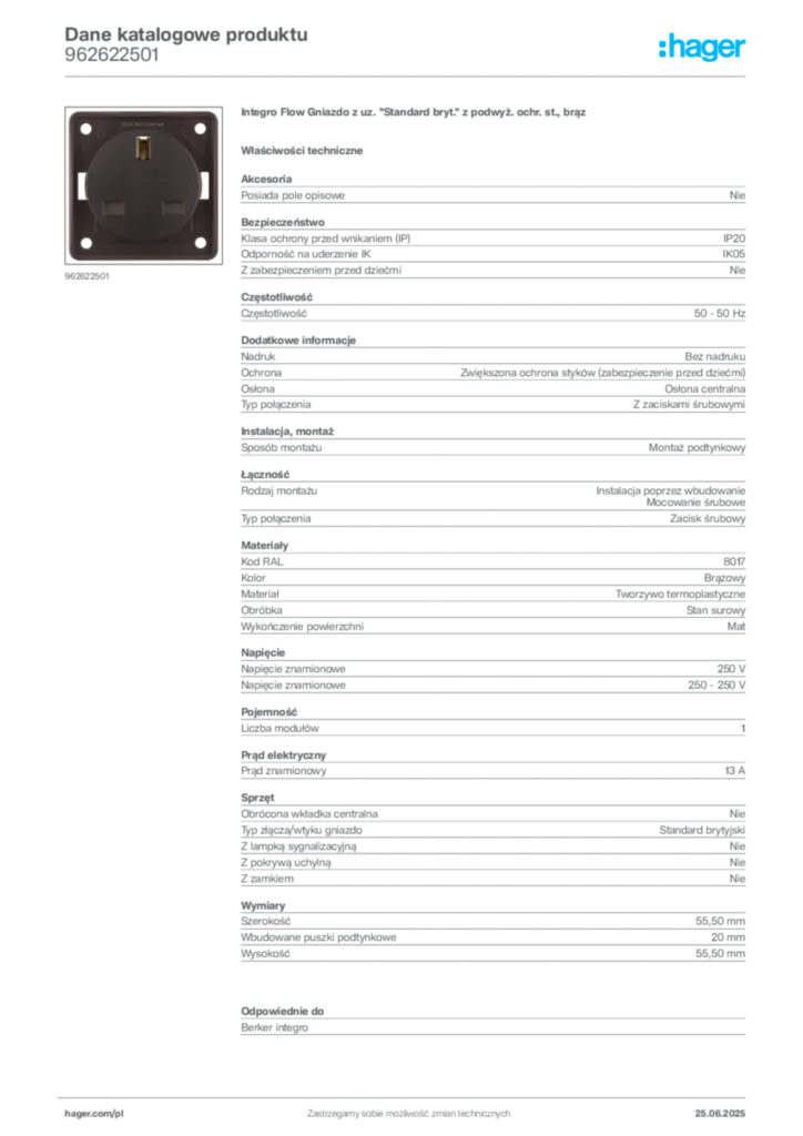 Zdjęcie Hager Karta katalogowa 962622501 | Hager Polska