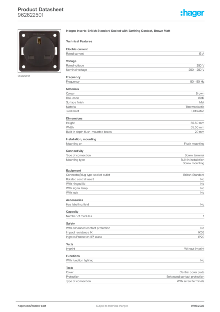 Image Hager Product data sheet 962622501  | Hager