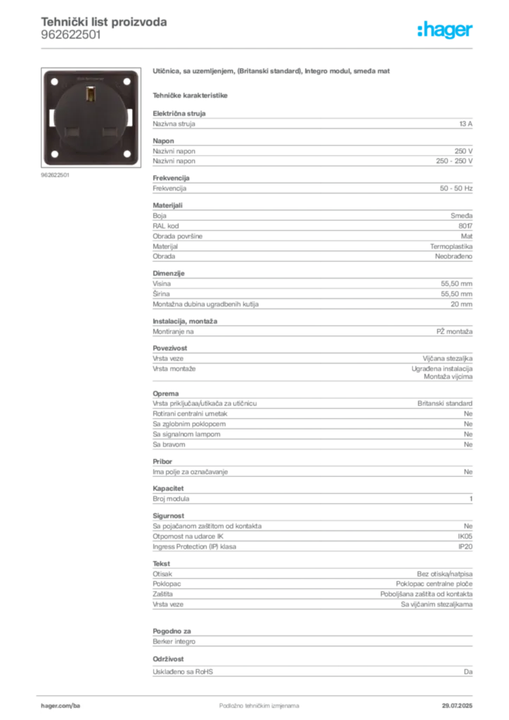 Slika Hager Product data sheet 962622501  | Hager