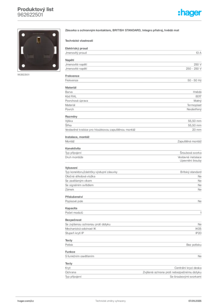 Obrázek Hager Produktový list 962622501 | Hager