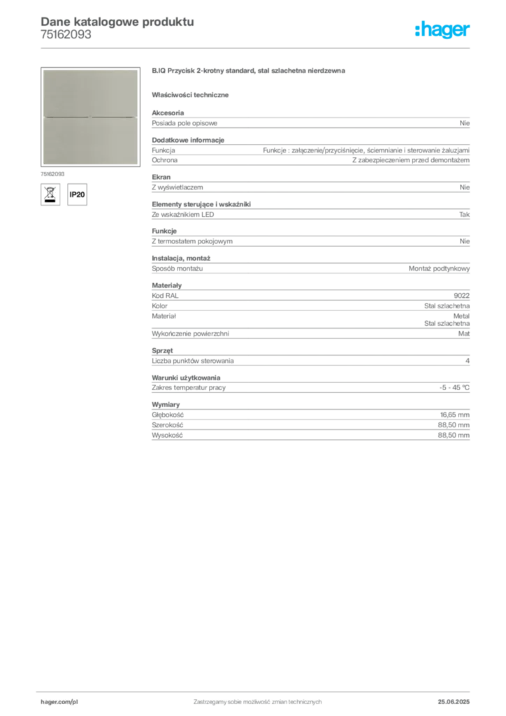 Zdjęcie Hager Karta katalogowa 75162093 | Hager Polska