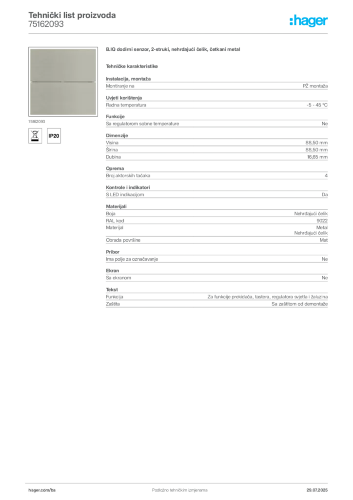 Slika Hager Product data sheet 75162093  | Hager