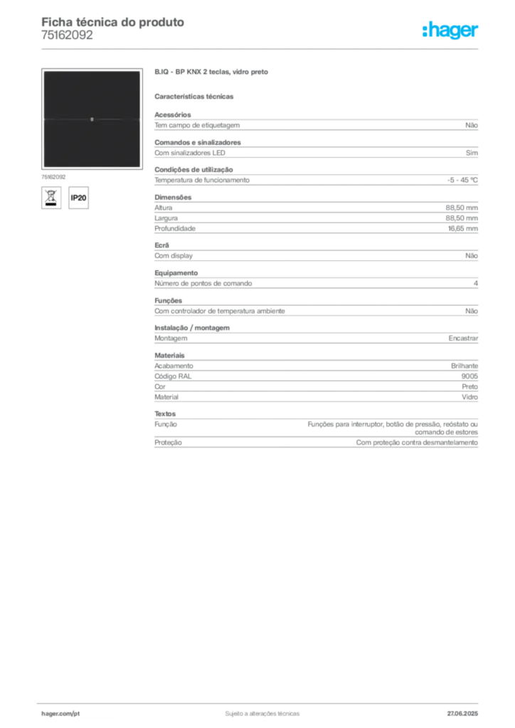 Imagem Hager Ficha técnica do produto 75162092 | Hager Portugal