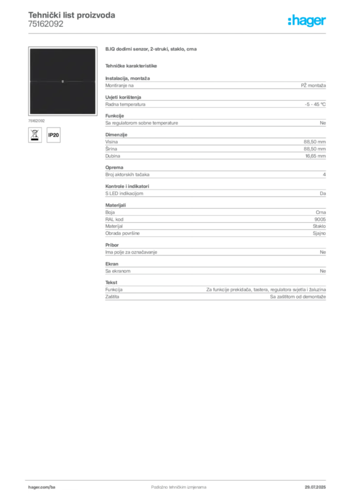 Slika Hager Product data sheet 75162092  | Hager