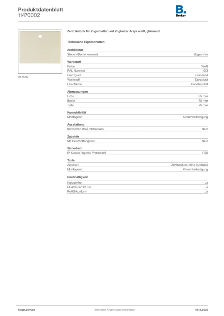 Bild Berker Produktdatenblatt 11470002 | Hager Deutschland