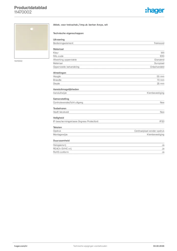 Afbeelding Hager Productdatablad 11470002 | Hager Nederland