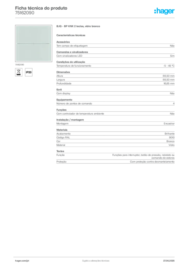 Imagem Hager Ficha técnica do produto 75162090 | Hager Portugal