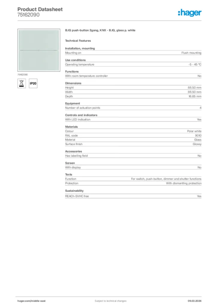 Image Hager Product data sheet 75162090  | Hager