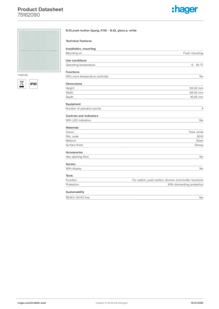 Image Hager Product data sheet 75162090  | Hager