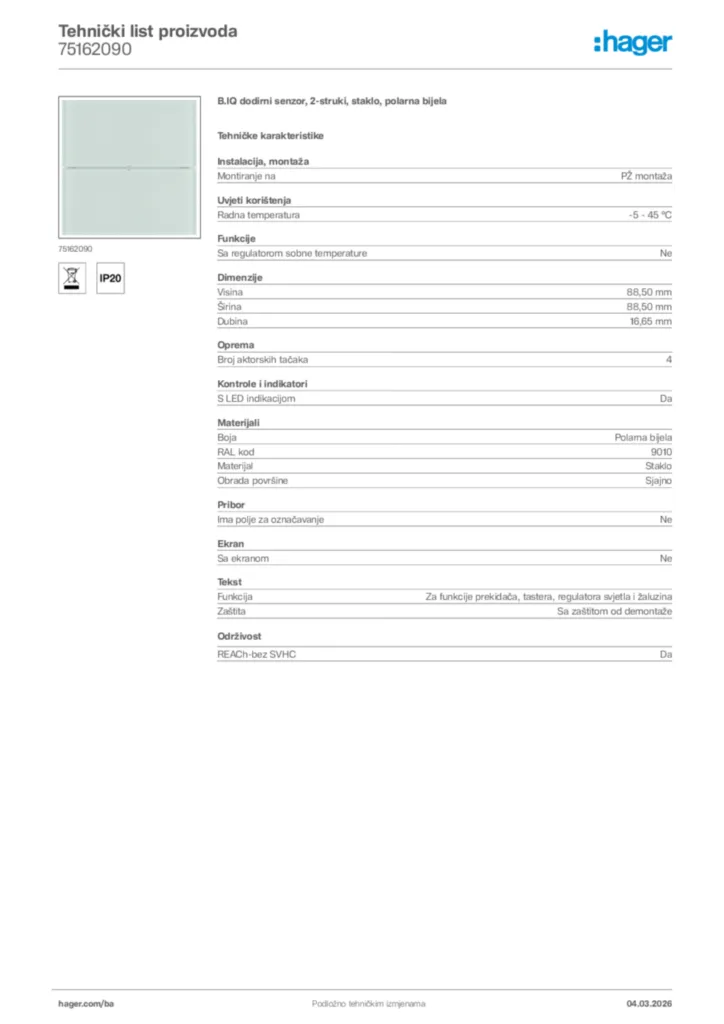 Slika Hager Tehnički list proizvoda 75162090  | Hager