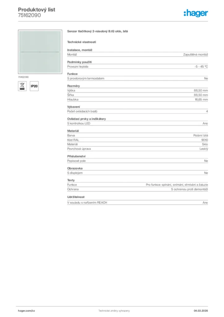 Obrázek Hager Product data sheet 75162090 | Hager