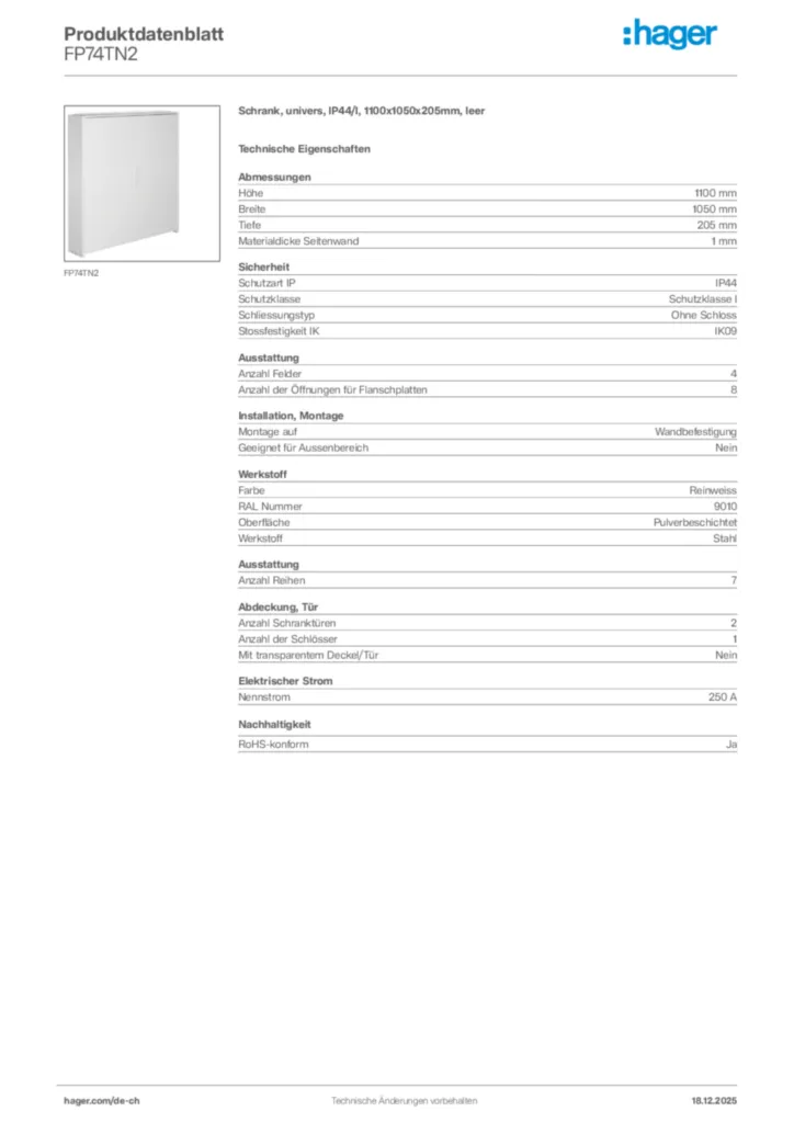 Bild Hager Produktdatenblatt FP74TN2 | Hager Schweiz