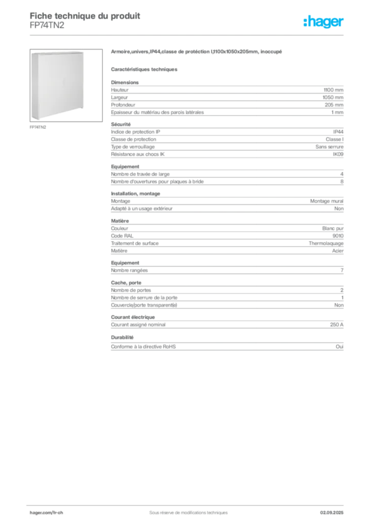 Image Hager Fiche technique du produit FP74TN2 | Hager Suisse