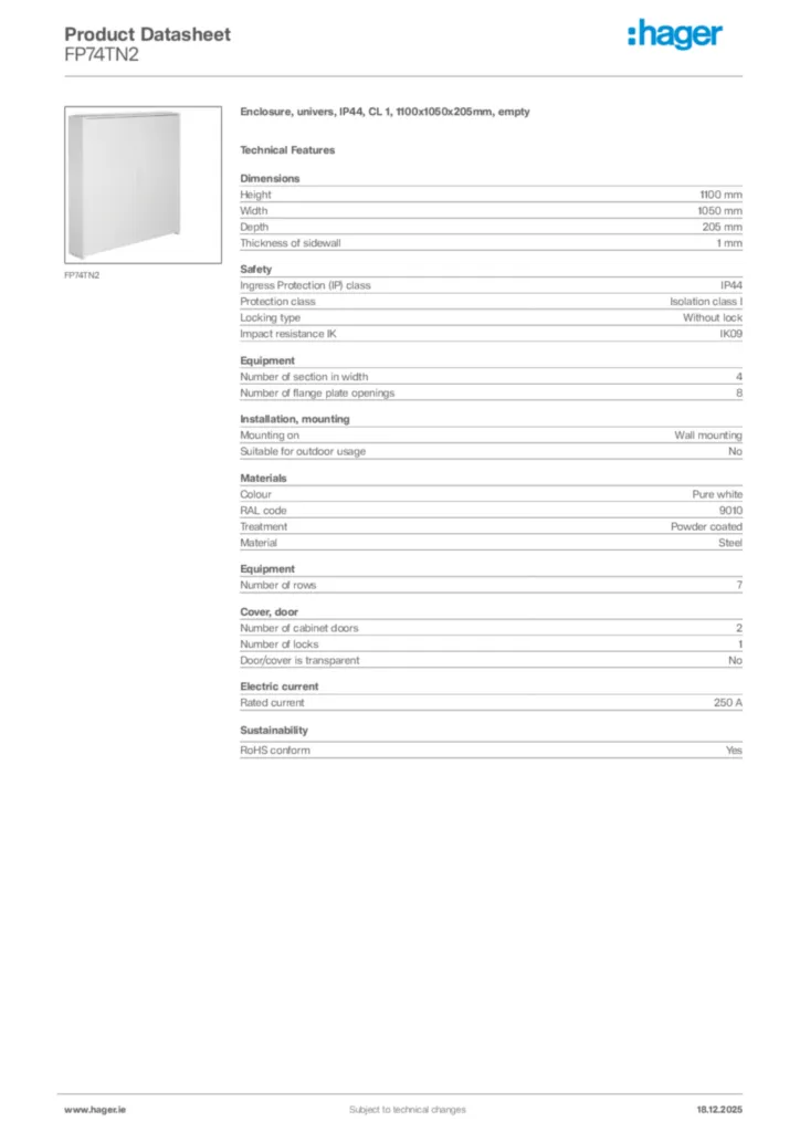 Image Hager Product data sheet FP74TN2  | Hager