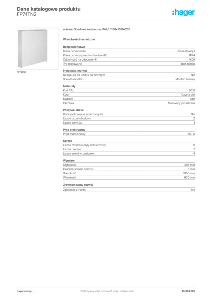 Zdjęcie Hager Karta katalogowa FP74TN2 | Hager Polska