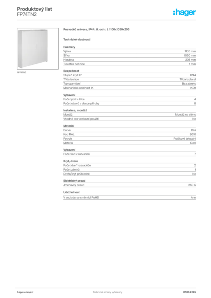 Obrázek Hager Produktový list FP74TN2 | Hager