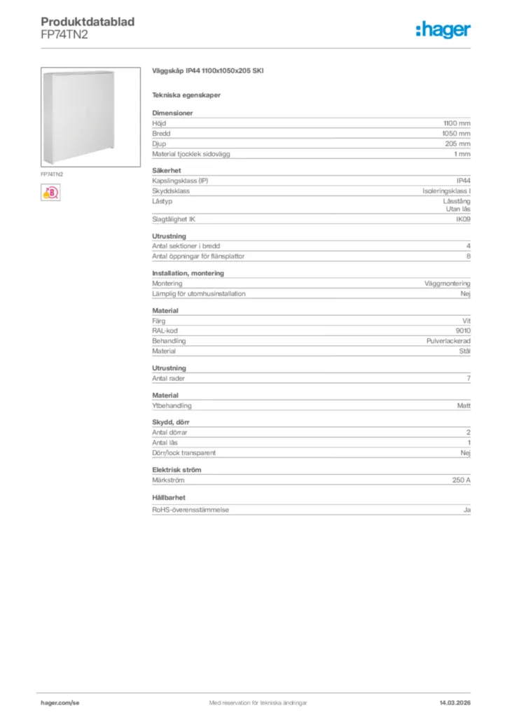 Bild Hager Produktdatablad FP74TN2 | Hager Sverige