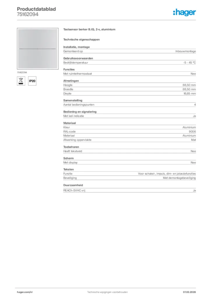 Afbeelding Hager Productdatablad 75162094 | Hager Nederland