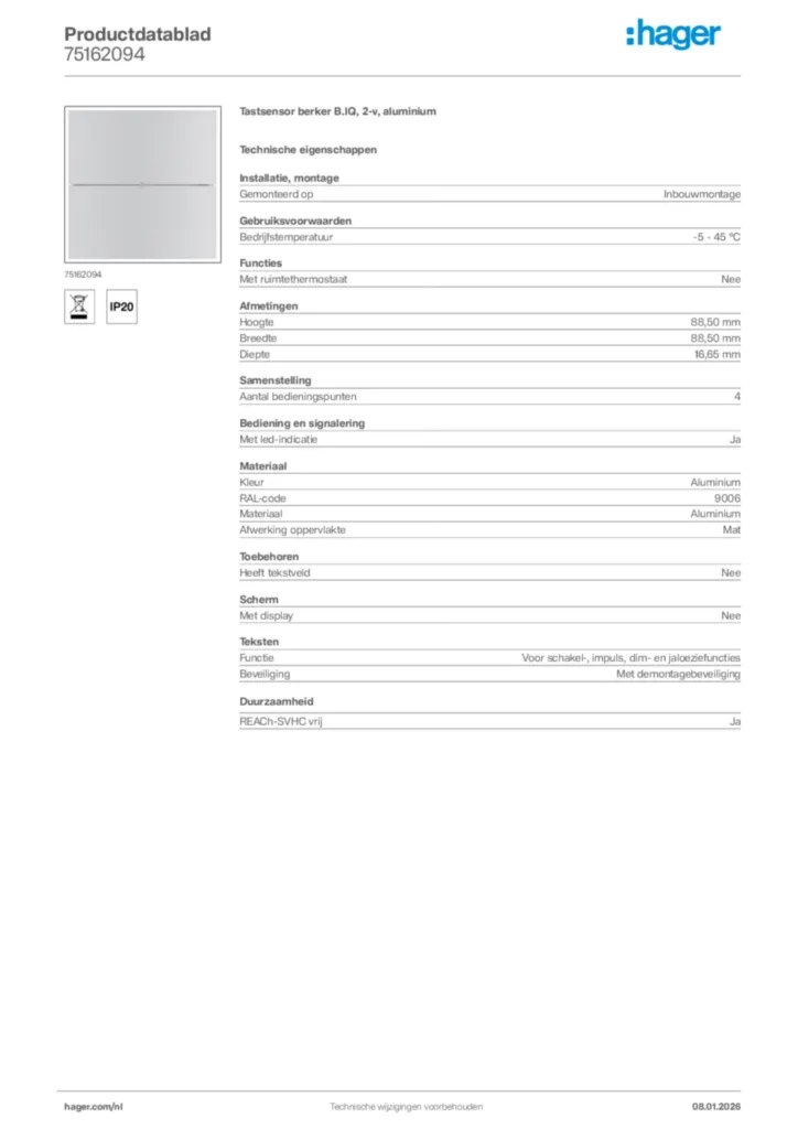 Afbeelding Hager Productdatablad 75162094 | Hager Nederland