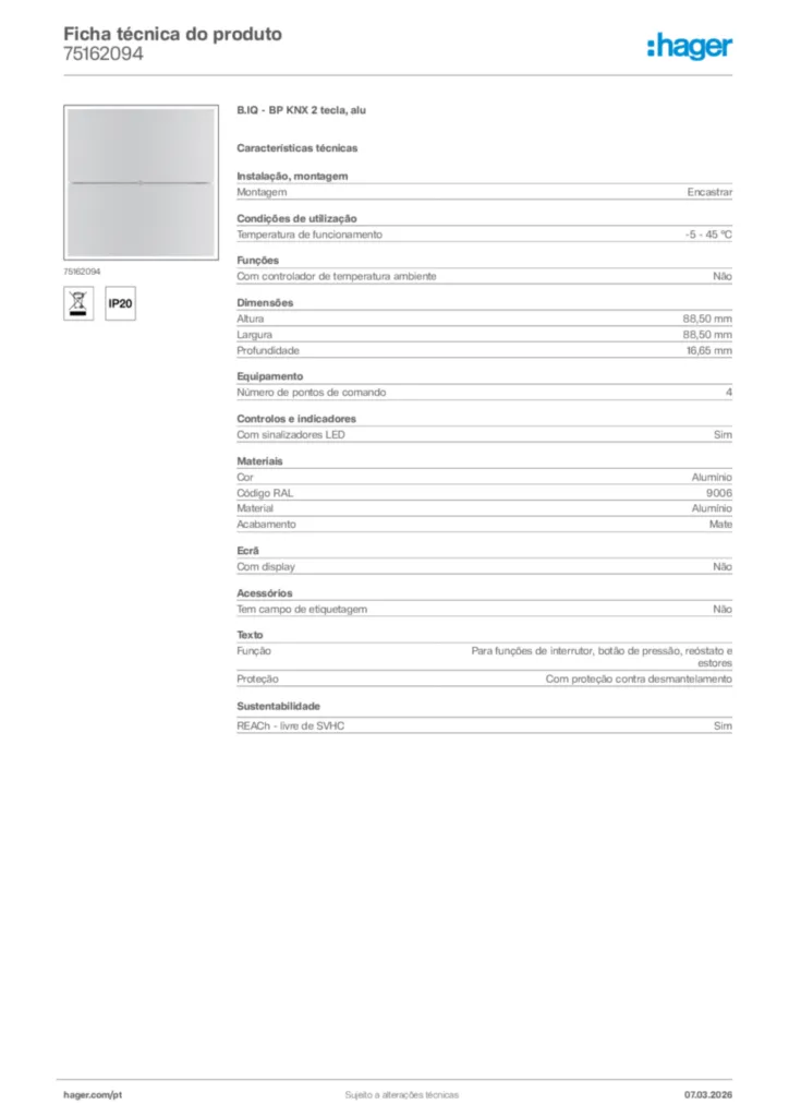 Imagem Hager Ficha técnica do produto 75162094 | Hager Portugal