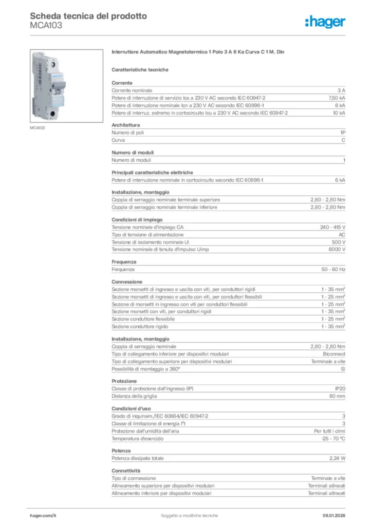 Immagine Hager Scheda tecnica del prodotto MCA103 | Hager Italia