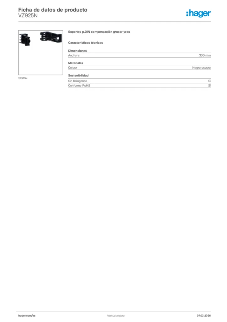 Imagen Hager Ficha de datos de producto VZ925N | Hager España