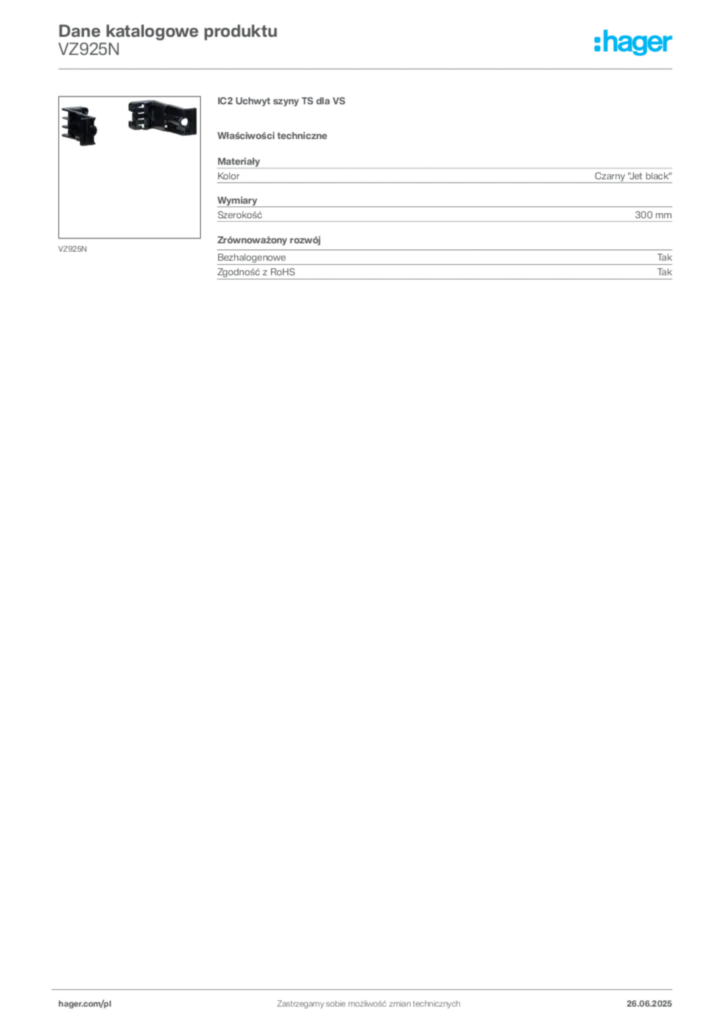 Zdjęcie Hager Karta katalogowa VZ925N | Hager Polska