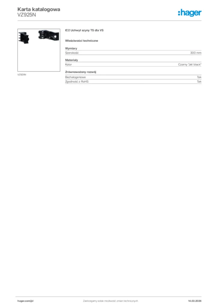 Zdjęcie Hager Karta katalogowa VZ925N | Hager Polska