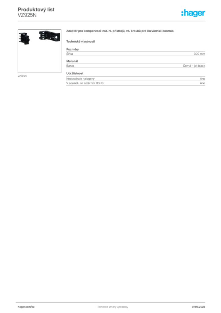 Obrázek Hager Produktový list VZ925N | Hager