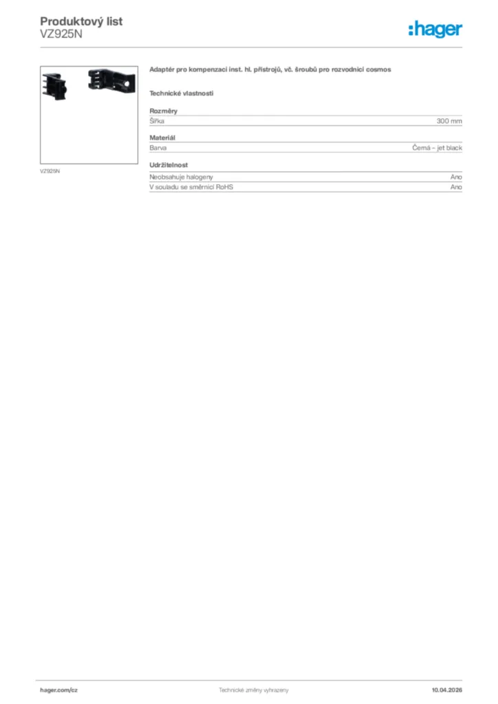Obrázek Hager Product data sheet VZ925N | Hager