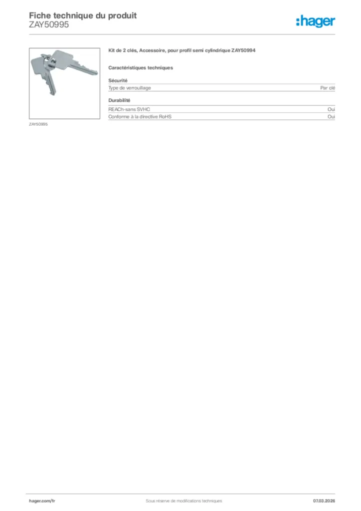 Image Hager Fiche technique du produit ZAY50995 | Hager France