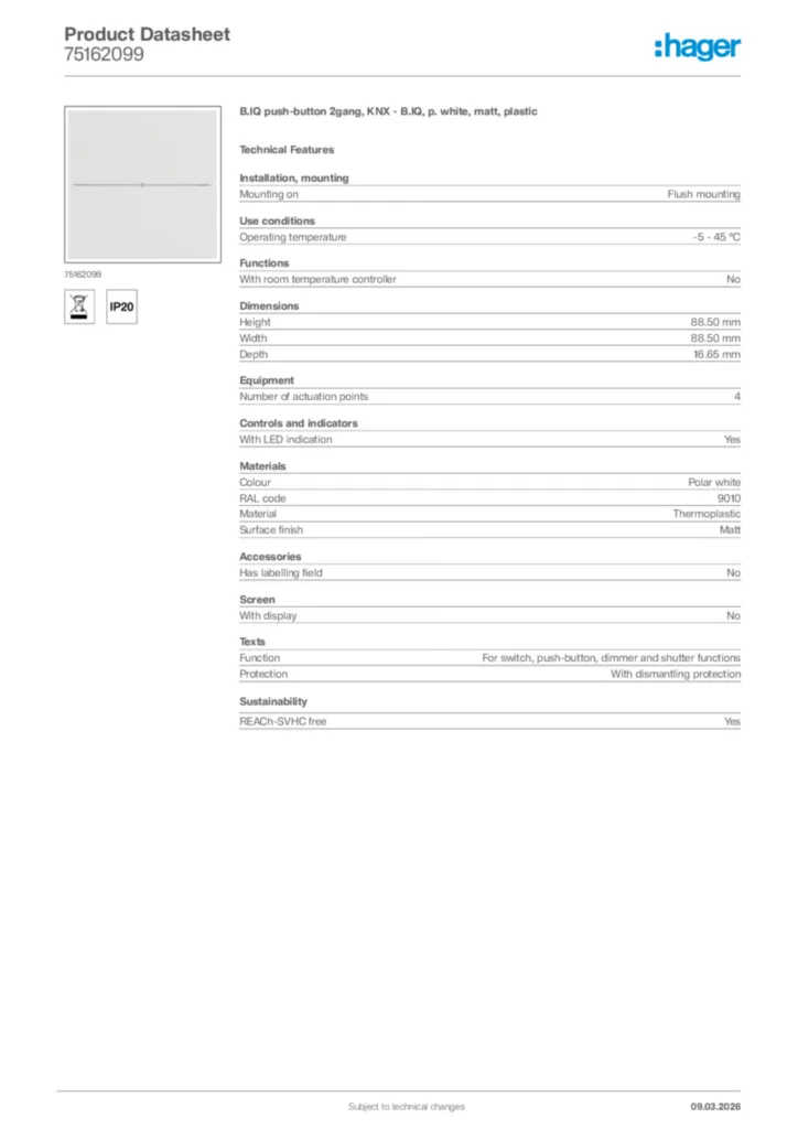 Image Hager Product data sheet 75162099  | Hager Africa